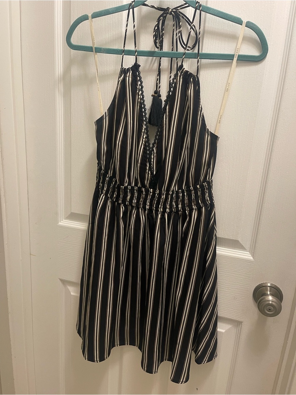 Moon River Black and White Striped Halter Mini Dress size M